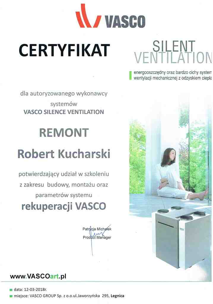 Certyfikat autoryzowanego wykonawcy rekuperacji i wentylacji Vasco